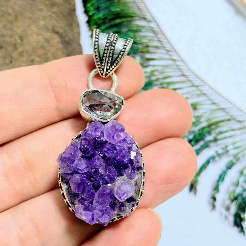 Natural Amethyst & Herkimer Diamond Statement Sterling Silver Pendant (Includes Silver Chain) - Earth Family Crystals