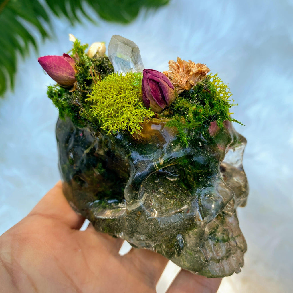 Handmade Resin Skull Embedded with Botanicals and Clear Quartz - Earth Family Crystals
