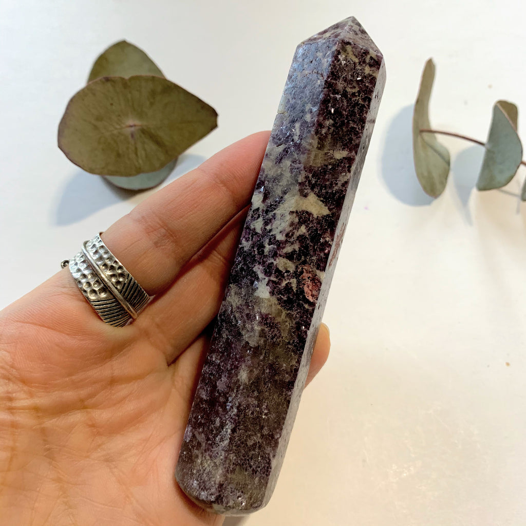 Shimmering Deep Lilac Lepidolite With Pink Tourmaline Inclusion Wand Carving From Brazil #1 - Earth Family Crystals