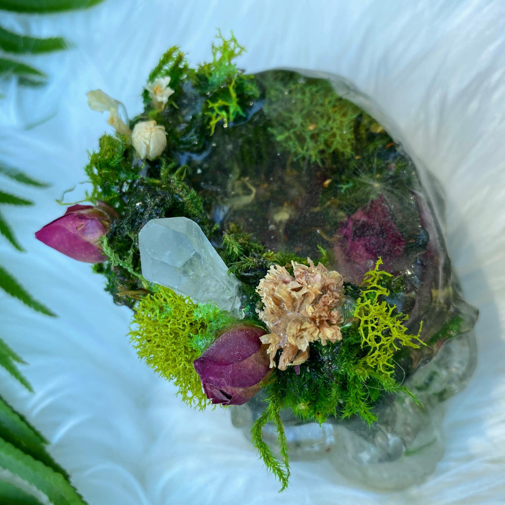 Handmade Resin Skull Embedded with Botanicals and Clear Quartz - Earth Family Crystals