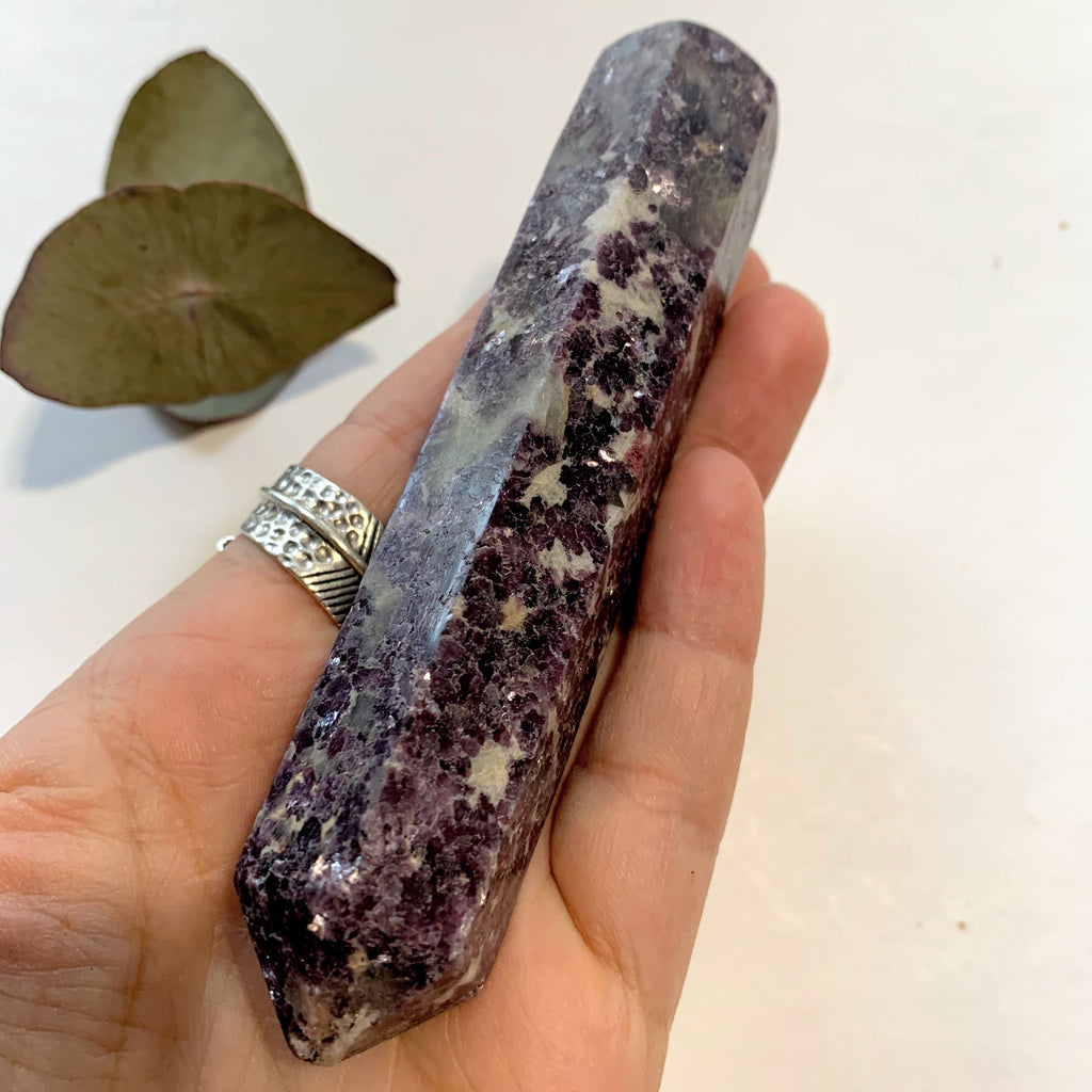 Shimmering Deep Lilac Lepidolite With Pink Tourmaline Inclusion Wand Carving From Brazil #2 - Earth Family Crystals