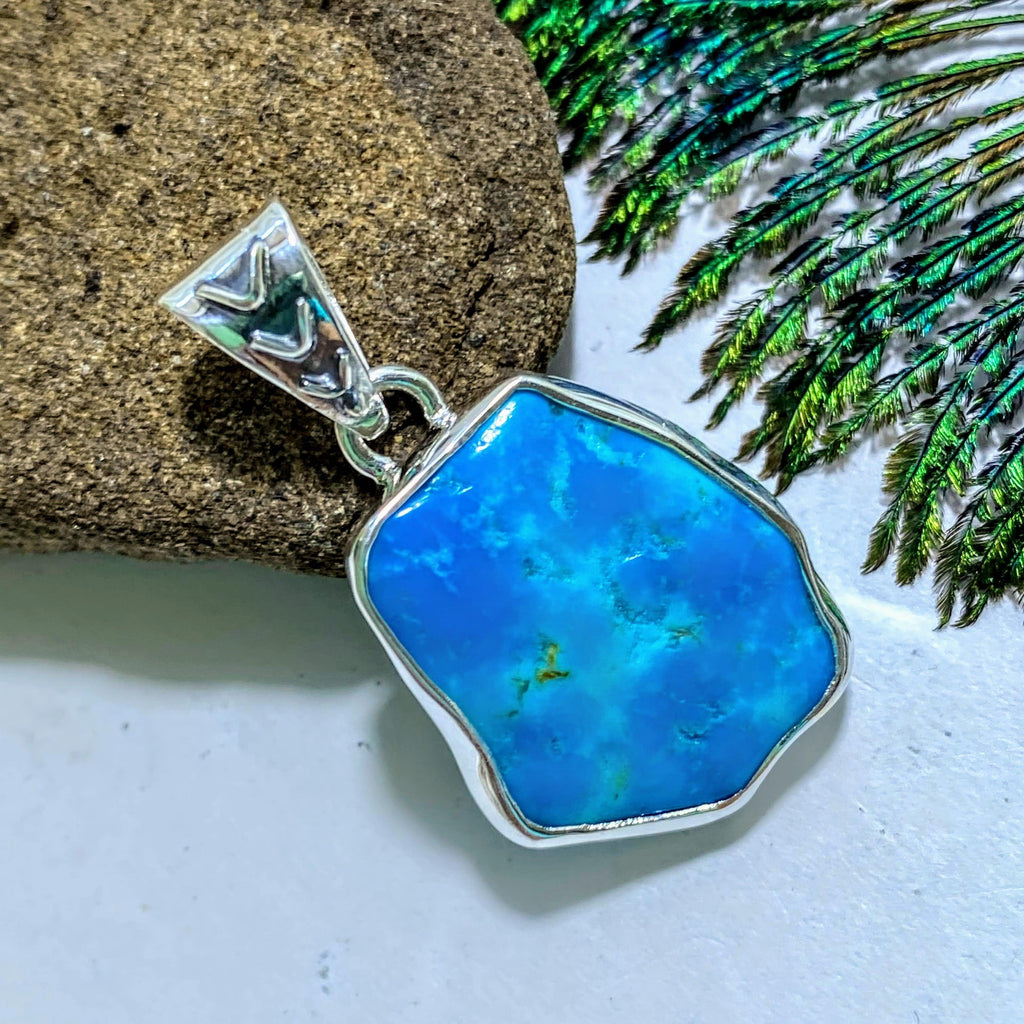 Vibrant Genuine Arizona Turquoise Sterling Silver Pendant (Includes Silver Chain) - Earth Family Crystals