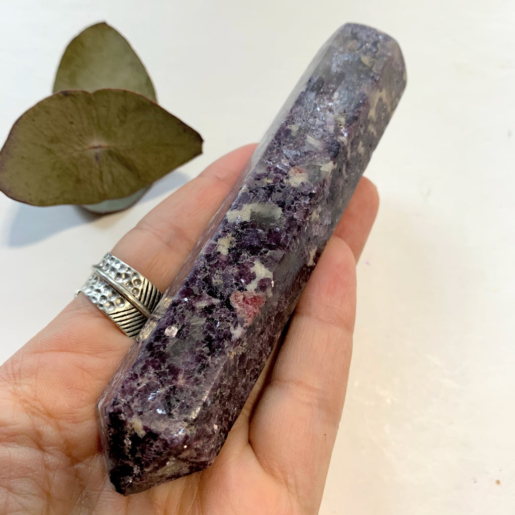 Shimmering Deep Lilac Lepidolite With Pink Tourmaline Inclusion Wand Carving From Brazil #2 - Earth Family Crystals