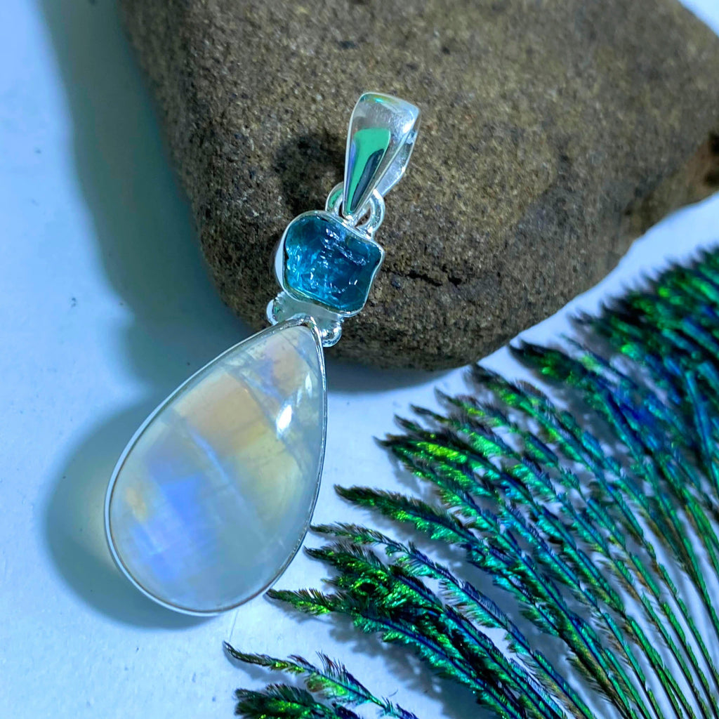 Blue Apatite & Rainbow Moonstone Sterling Silver Pendant (Includes Silver Chain) - Earth Family Crystals