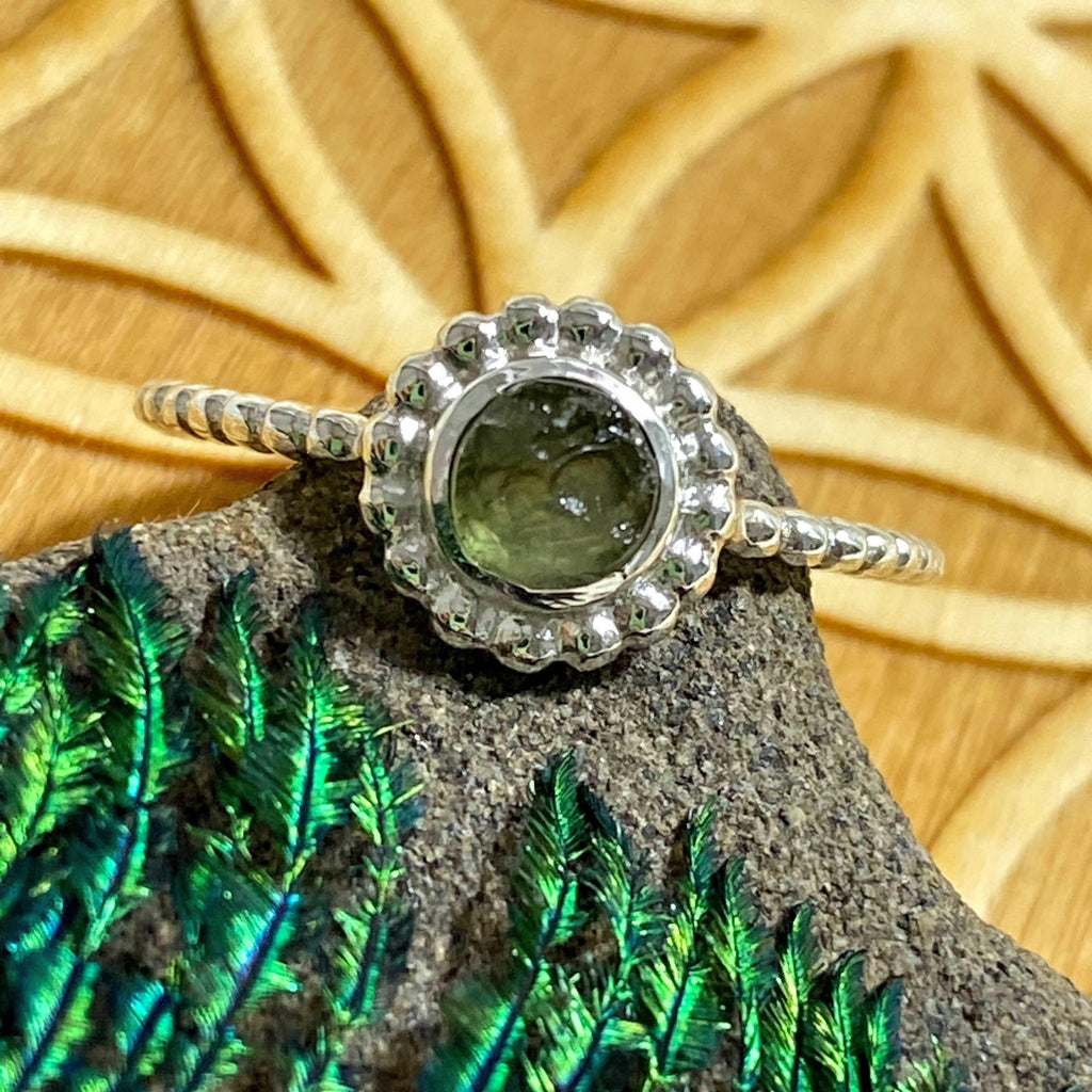 Rare! Genuine Natural Moldavite Sterling Silver Ring (Size 10) - Earth Family Crystals