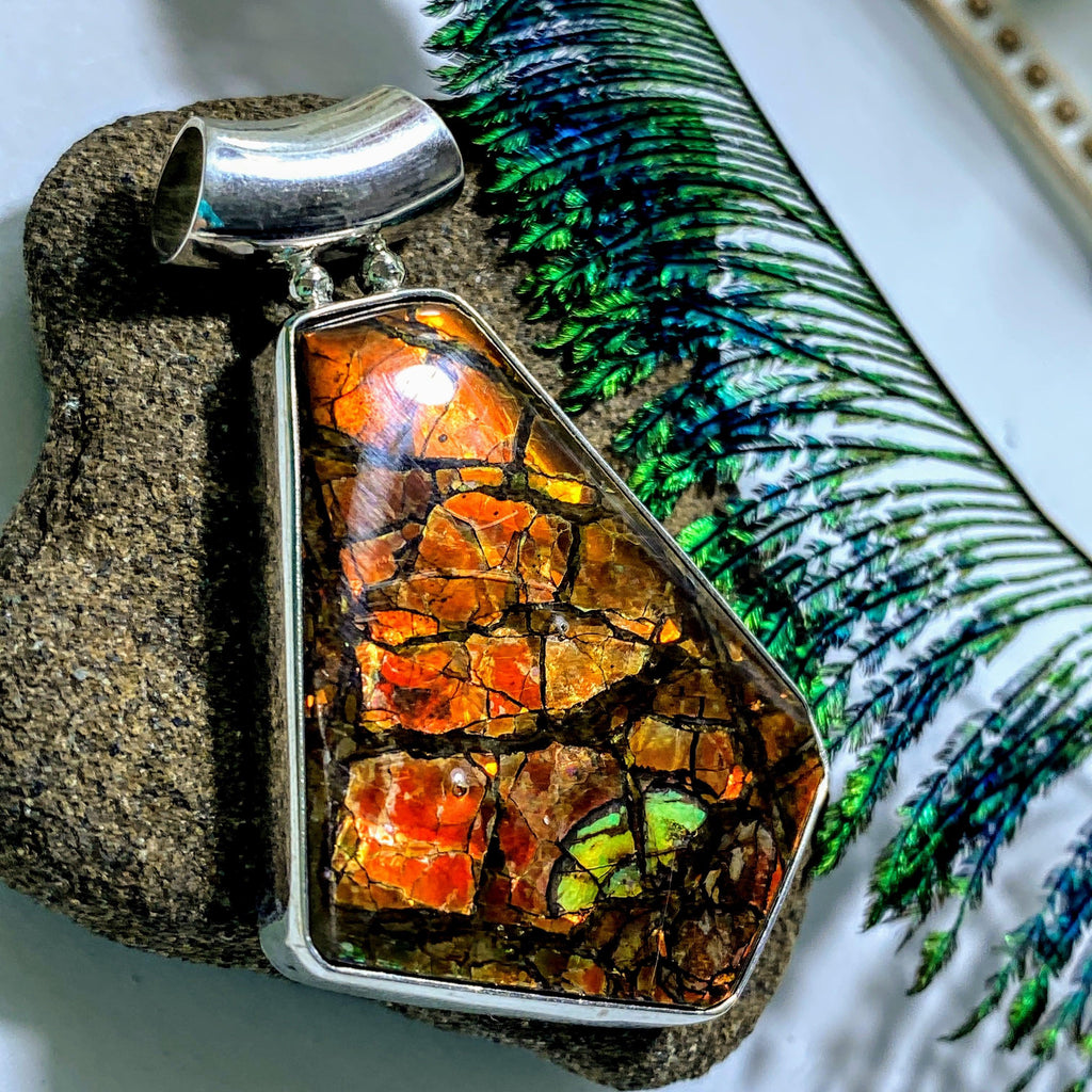 Red Flashy Ammolite Chunky Pendant in Sterling Silver (Includes Silver Chain) - Earth Family Crystals
