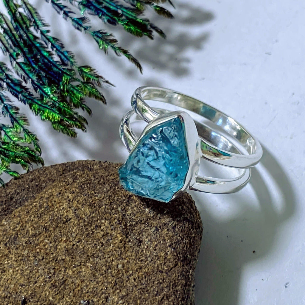 Blue Apatite Raw Gemmy Ring in Sterling Silver (Size 8) - Earth Family Crystals