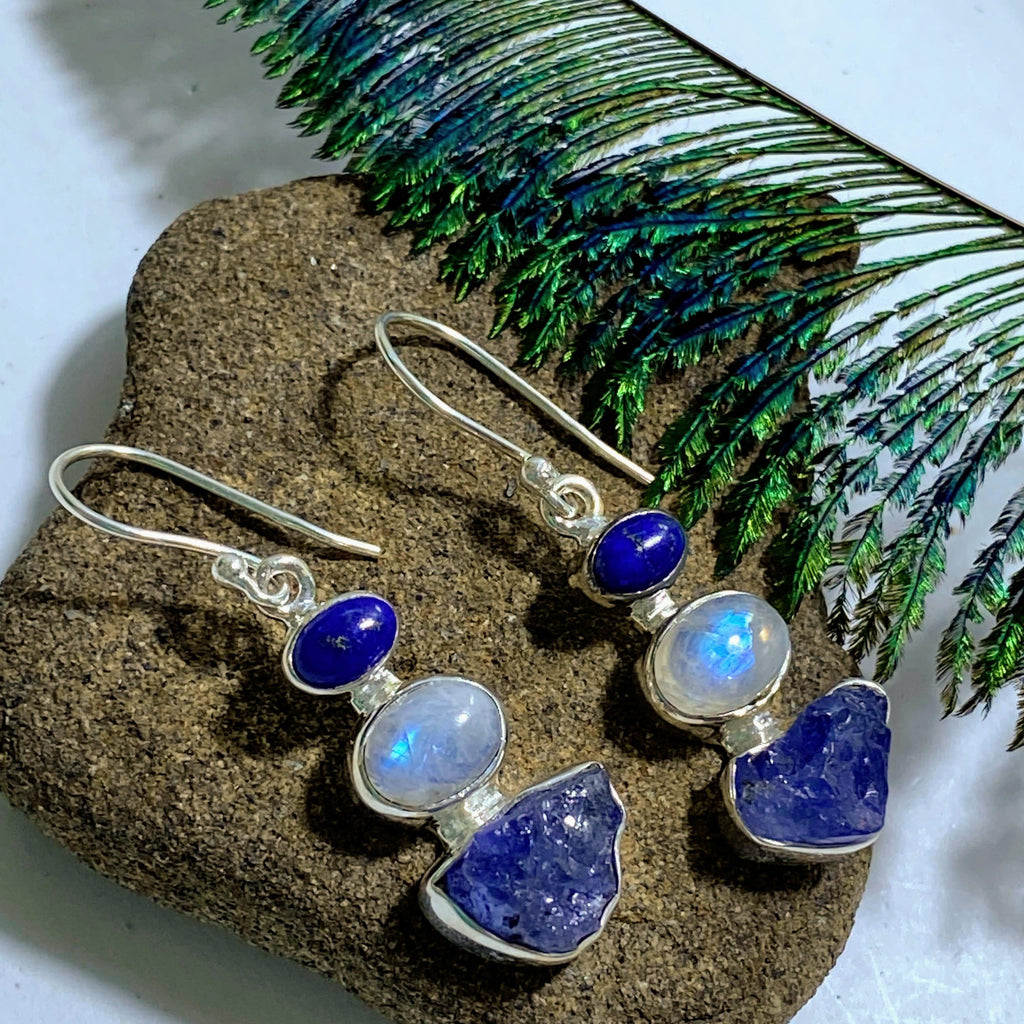 Stunning Raw Tanzanite, Rainbow Moonstone & Lapis Lazuli Sterling Silver Earrings - Earth Family Crystals