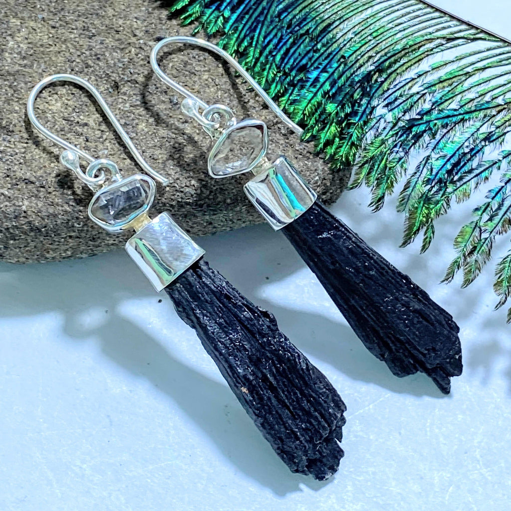Unique Lightweight Herkimer Diamond & Black Kyanite Sterling Silver Earrings - Earth Family Crystals