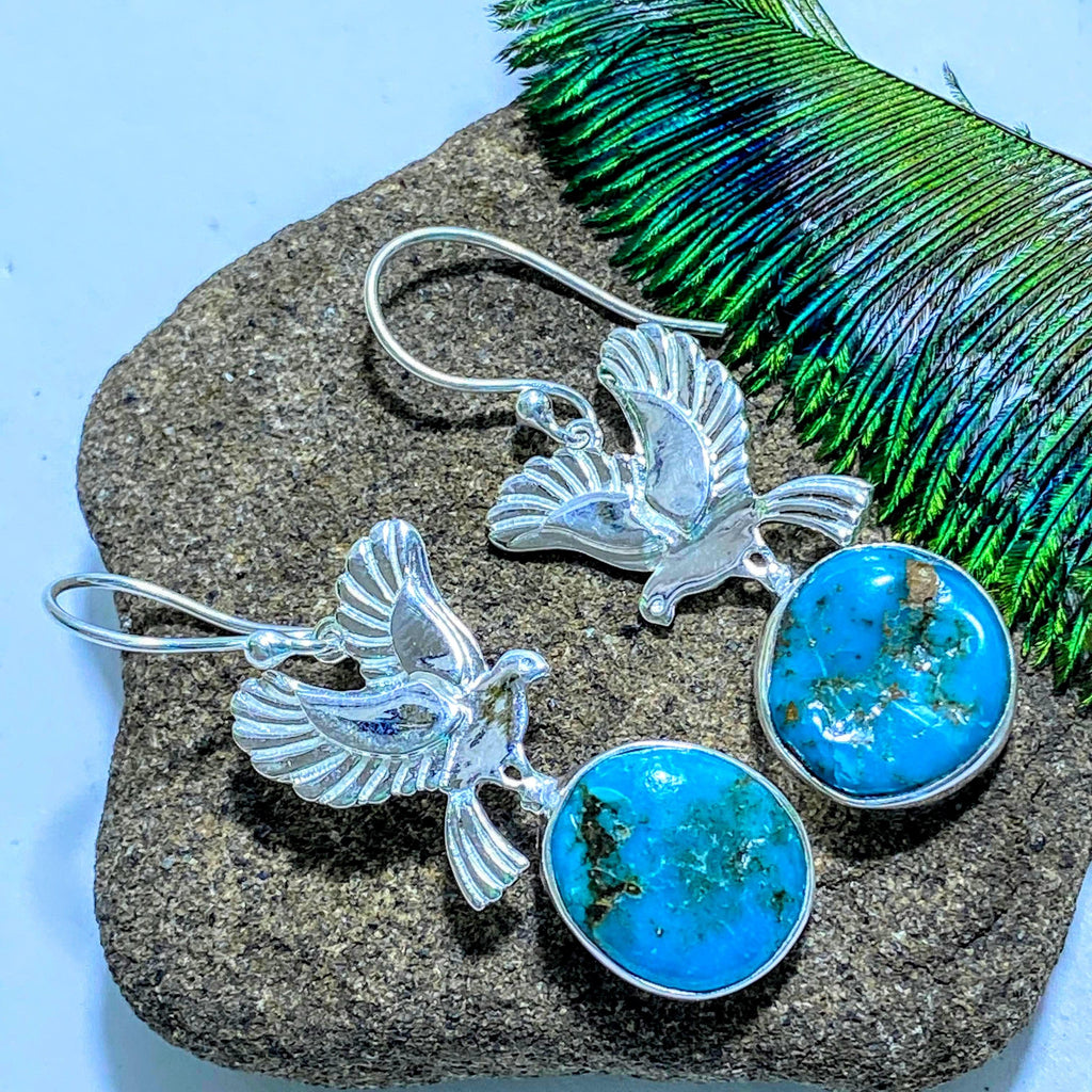 Genuine Turquoise & Sacred Eagle Sterling Silver Earrings - Earth Family Crystals