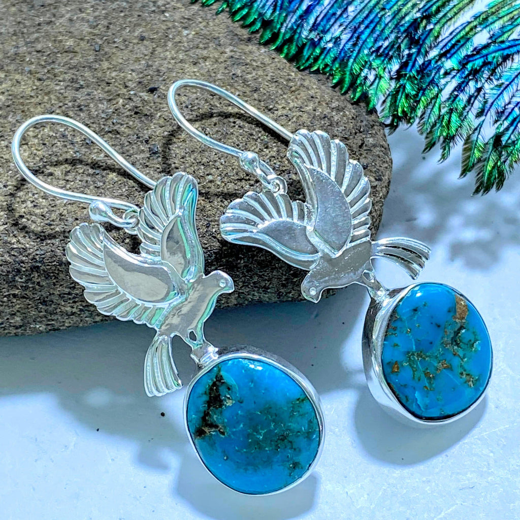 Genuine Turquoise & Sacred Eagle Sterling Silver Earrings - Earth Family Crystals