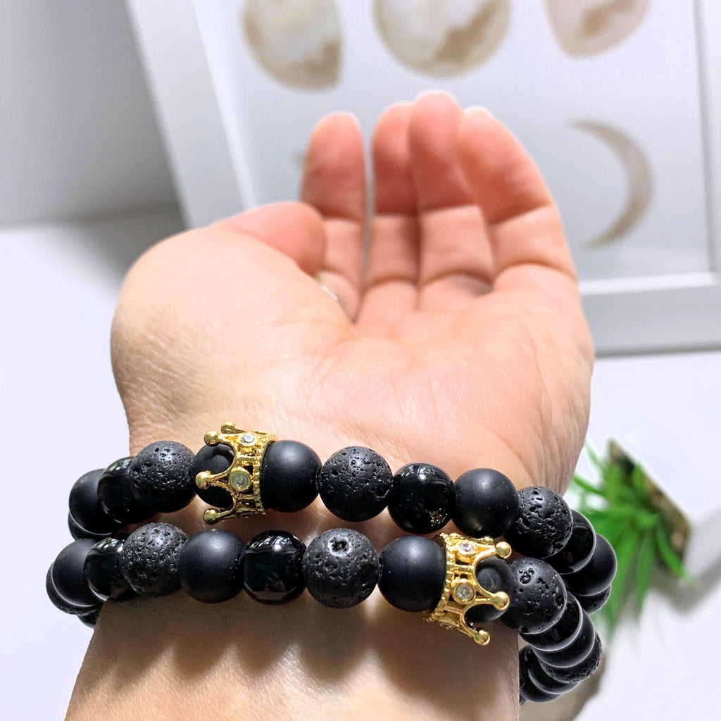 One Lava Stone Bracelet With Gold Crown Charm (Perfect for Essential Oils & Perfume) - Earth Family Crystals