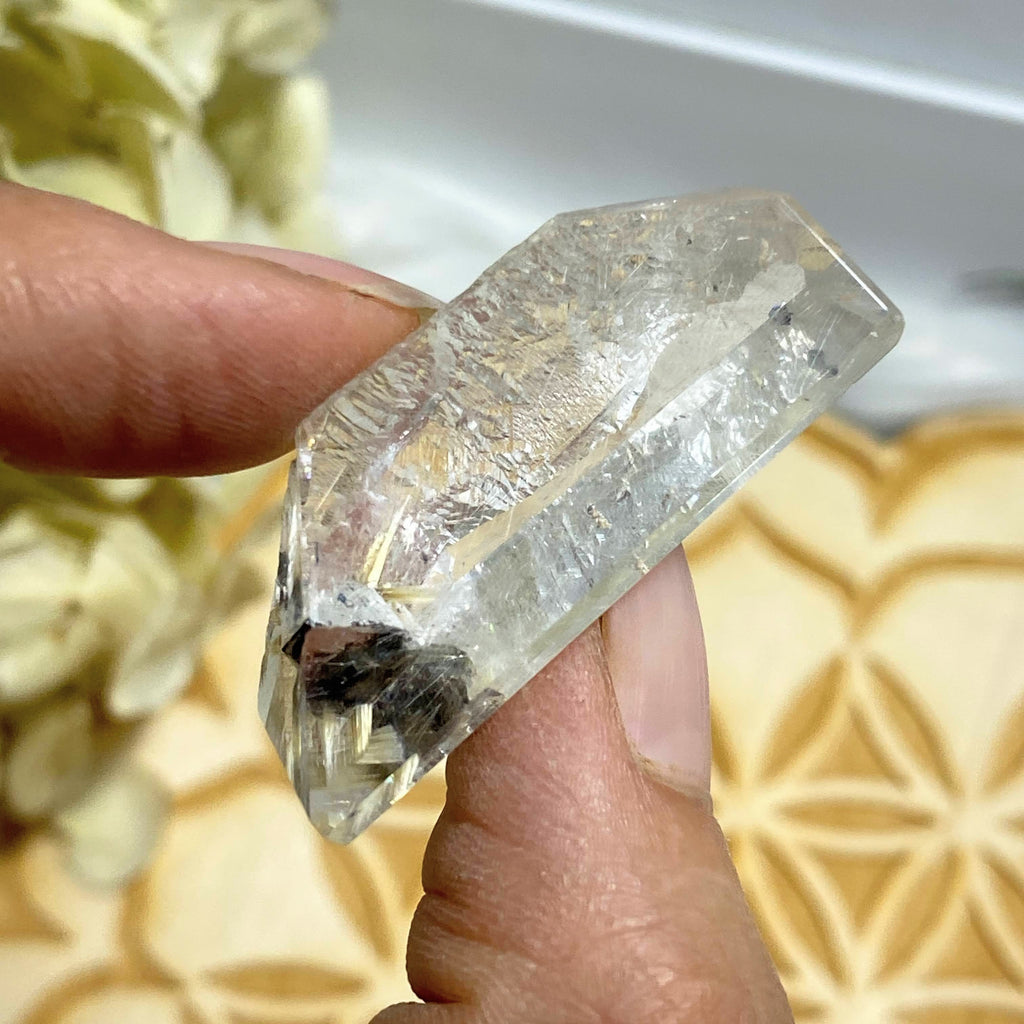 Brazilian Clear Quartz With Rare Golden Rutile Star & Hematite Inclusion Partially Polished - Earth Family Crystals