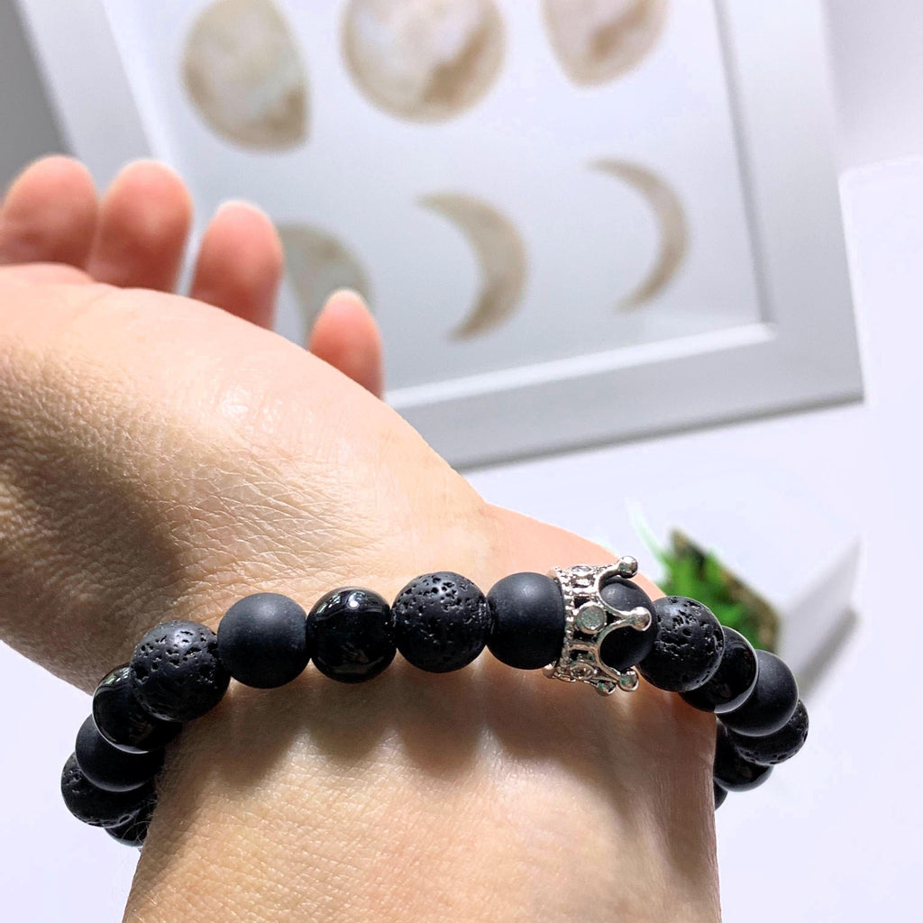 Lava Stone Bracelet With Silver Crown Charm (Perfect for Essential Oils & Perfume) - Earth Family Crystals