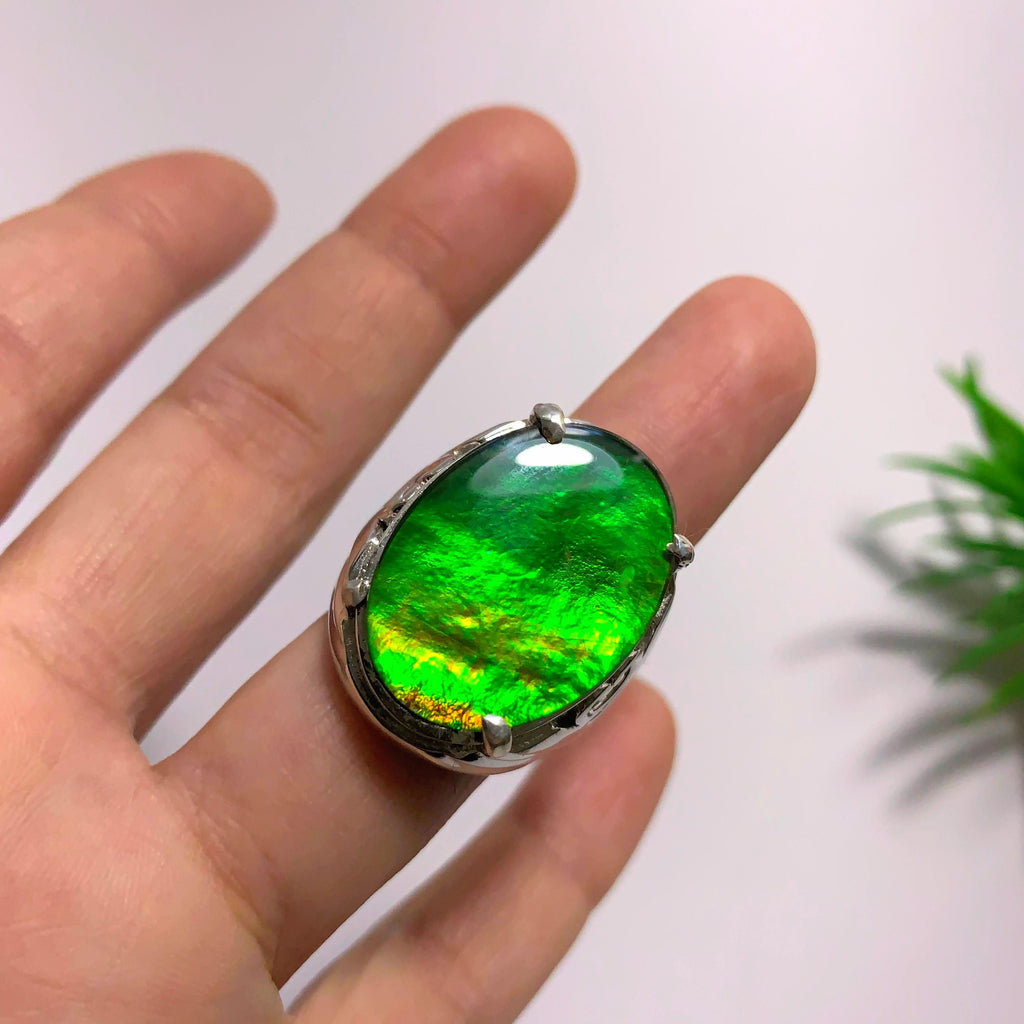 Chunky Green Alberta Ammolite Quartz Capped  Ring in Sterling Silver (Size 10) - Earth Family Crystals