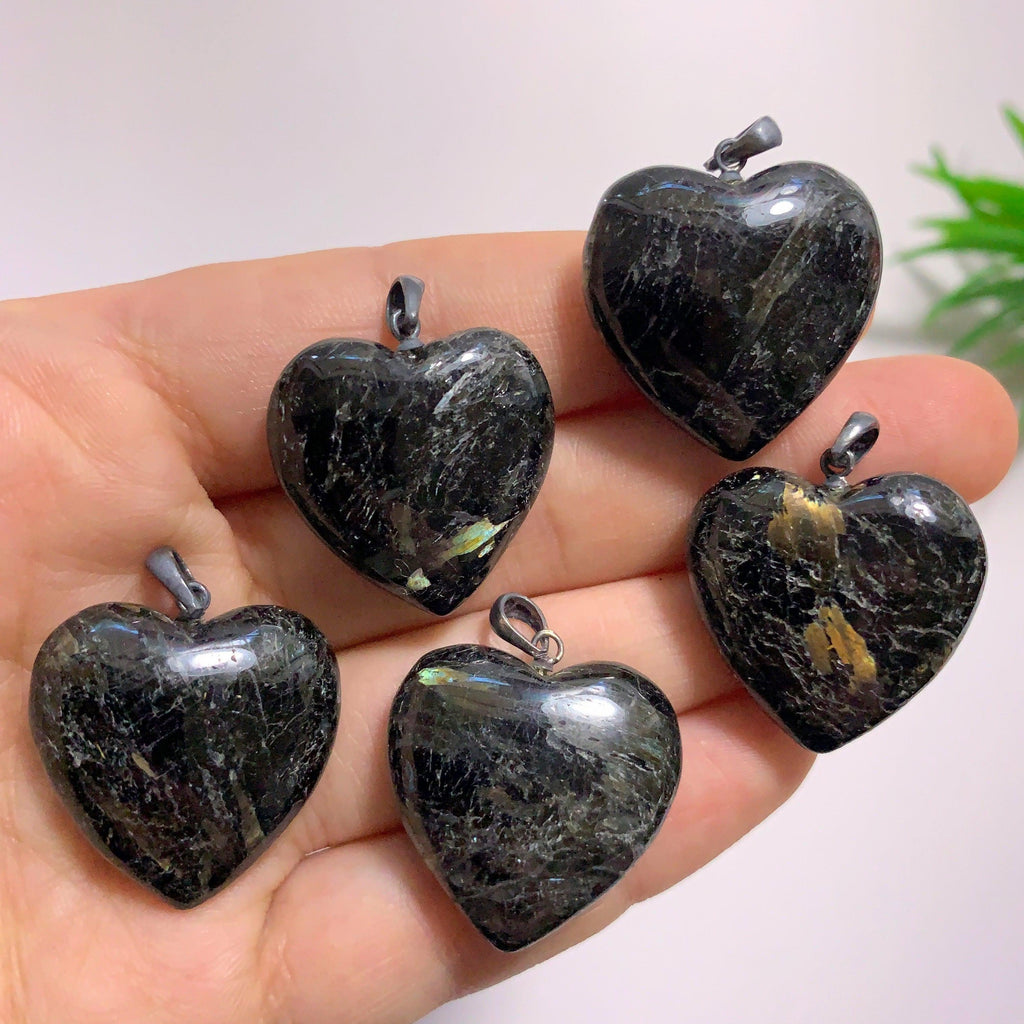 One Genuine Greenland Nuummite Heart Pendant in Sterling Silver (Includes Silver Chain) - Earth Family Crystals