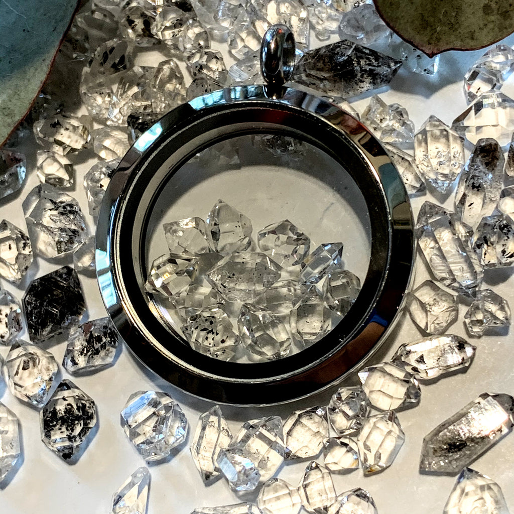 Brilliant 12 Herkimer Diamonds Floating in Stainless Steel Locket Style Pendant (Includes Silver Chain) - Earth Family Crystals