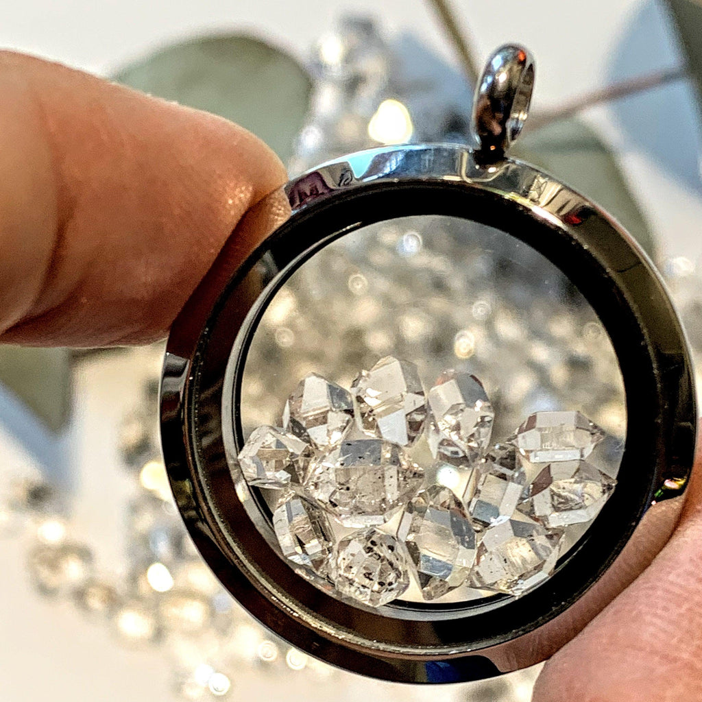 Brilliant 12 Herkimer Diamonds Floating in Stainless Steel Locket Style Pendant (Includes Silver Chain) - Earth Family Crystals
