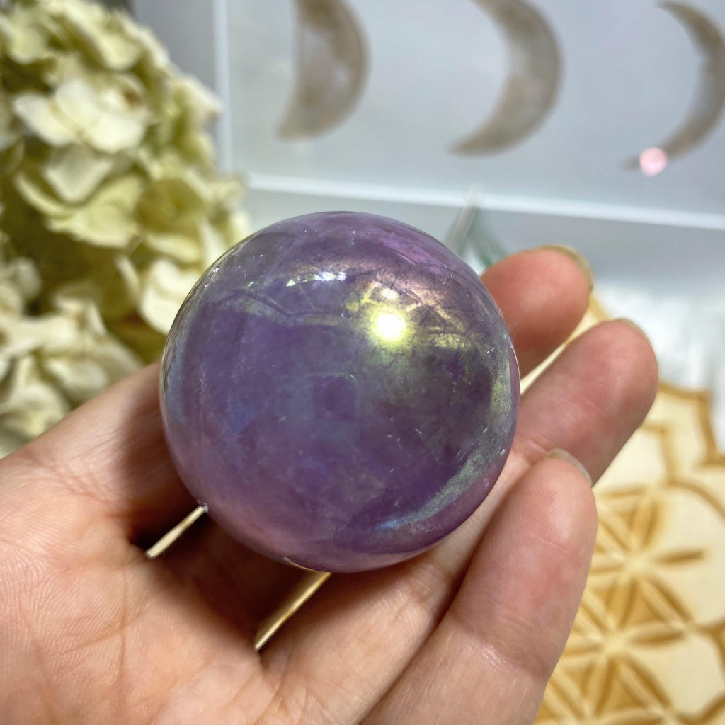 Angel Aura Infused Amethyst Sphere Carving #1 (Includes Wood Stand) - Earth Family Crystals
