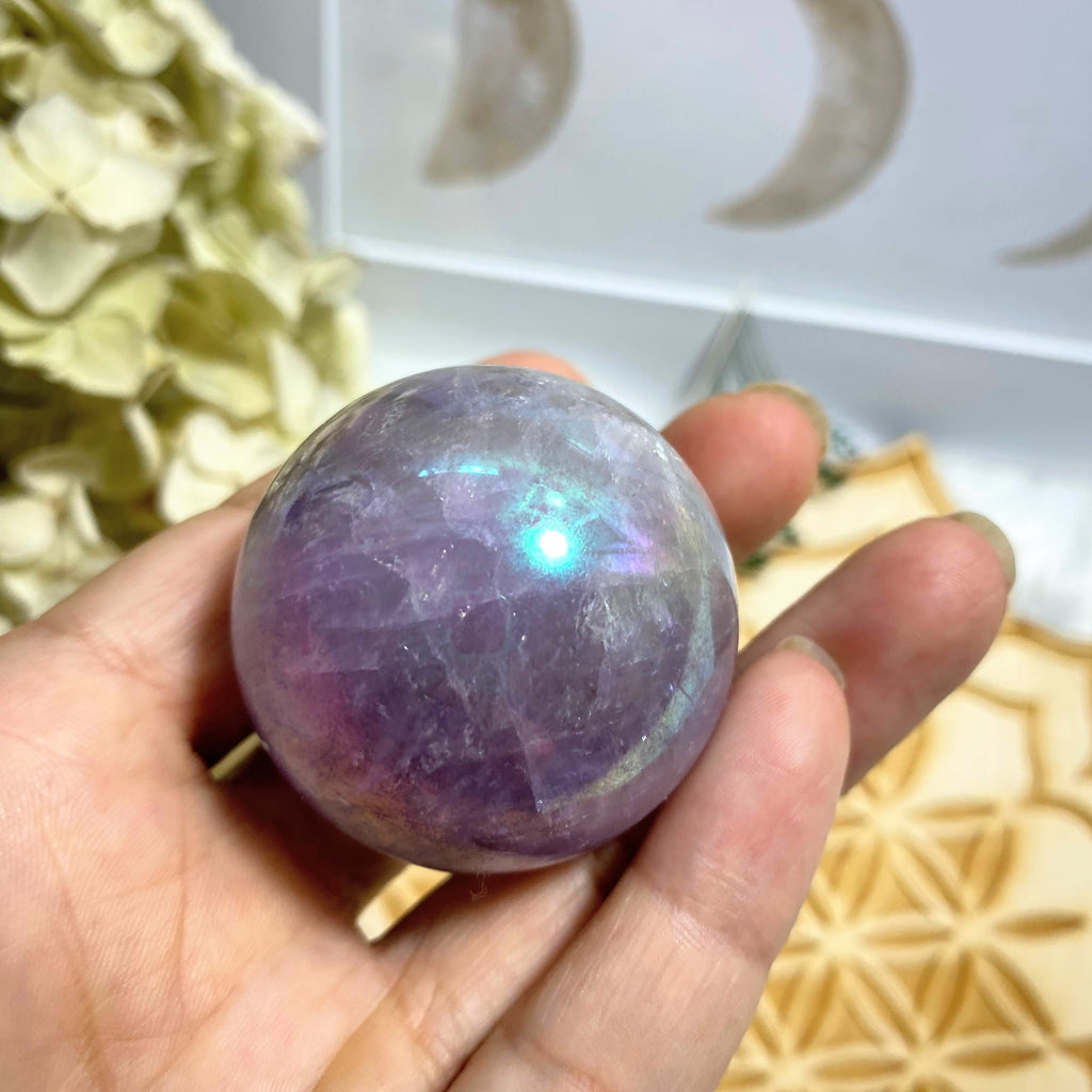 Angel Aura Infused Amethyst Sphere Carving #1 (Includes Wood Stand) - Earth Family Crystals