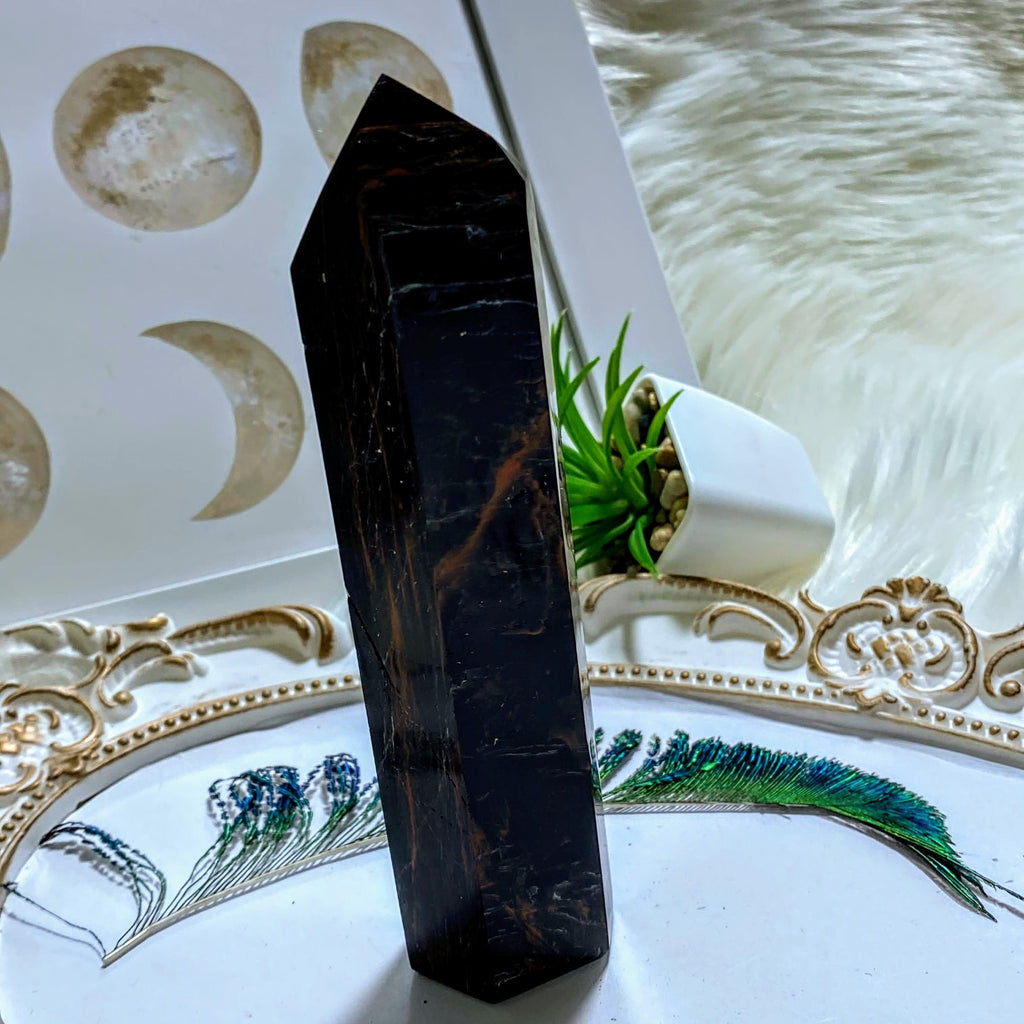 Obsidian Tall Partially Polished Tower With Tourmaline & Hematite Inclusions ~Locality: Brazil - Earth Family Crystals
