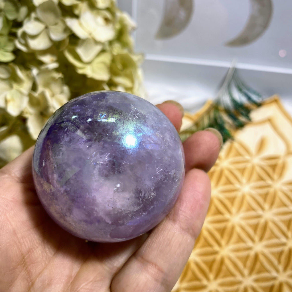 Angel Aura Infused Large Amethyst Sphere Carving  (Includes Wood Stand) - Earth Family Crystals