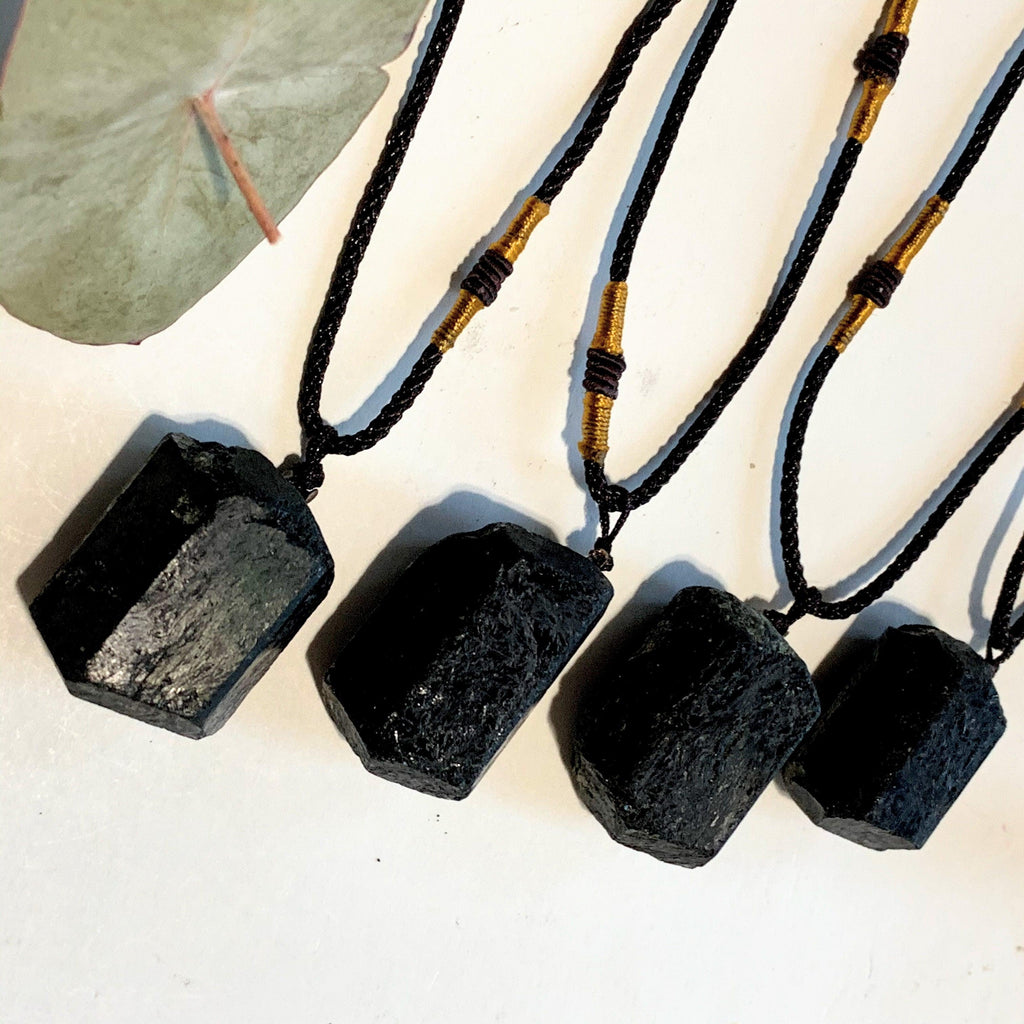 One Chunky Raw Black Tourmaline Stone on Adjustable Cord Necklace - Earth Family Crystals