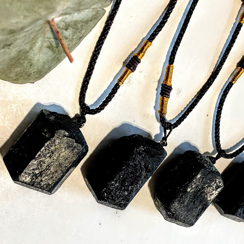 One Chunky Raw Black Tourmaline Stone on Adjustable Cord Necklace - Earth Family Crystals