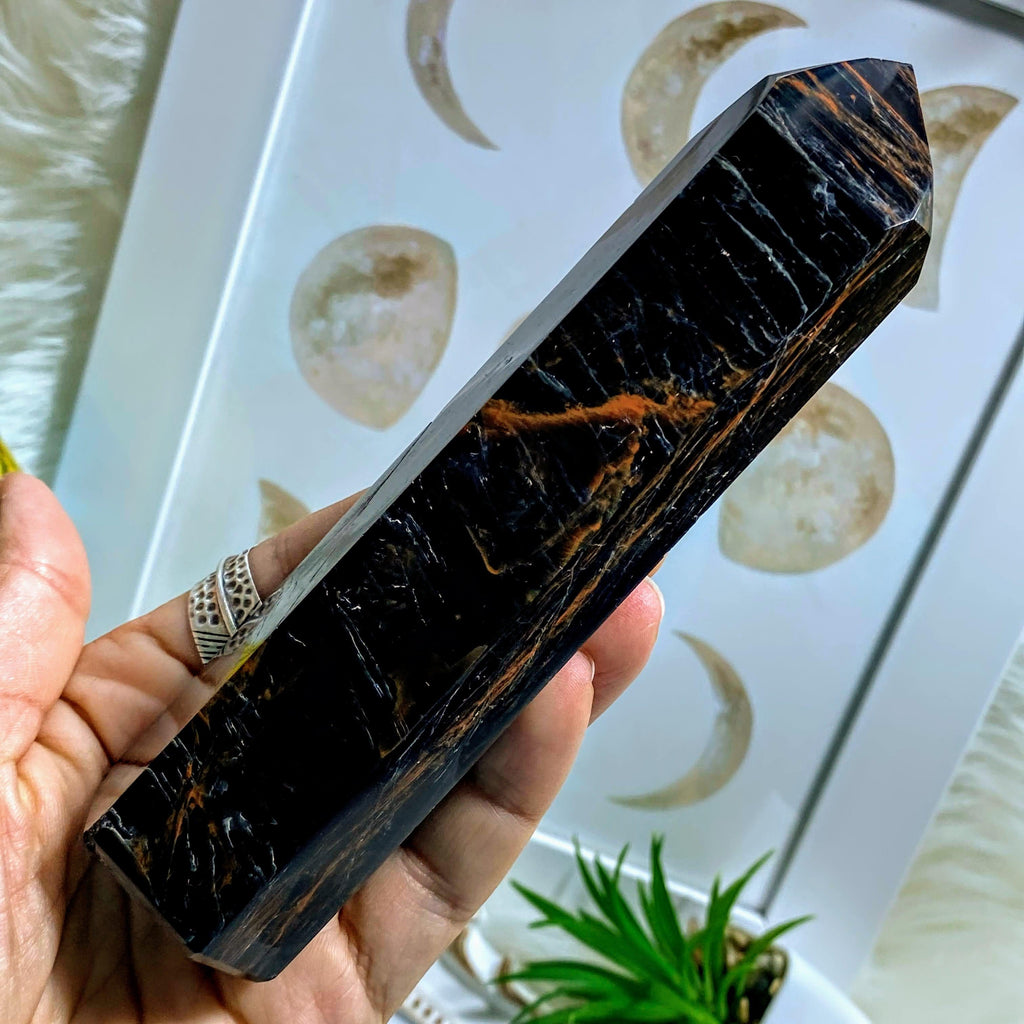 Obsidian Tall Partially Polished Tower With Tourmaline & Hematite Inclusions ~Locality: Brazil - Earth Family Crystals