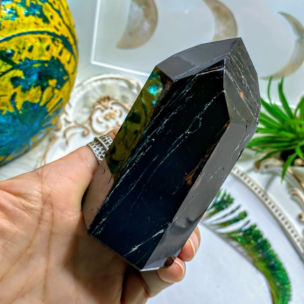 Mysterious Obsidian Partially Polished Tower With Tourmaline & Hematite Inclusions ~Locality: Brazil - Earth Family Crystals