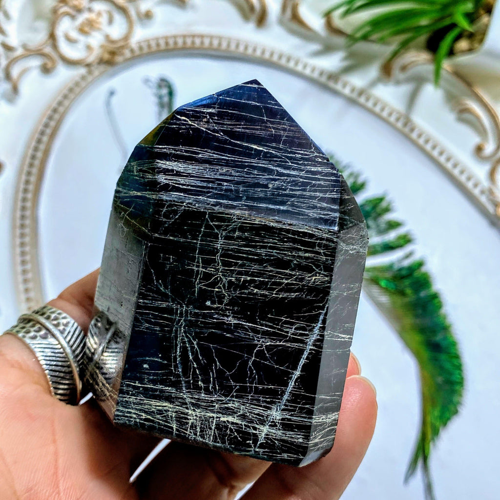 Mysterious Obsidian Partially Polished Tower With Tourmaline & Hematite Inclusions ~Locality: Brazil #1 - Earth Family Crystals