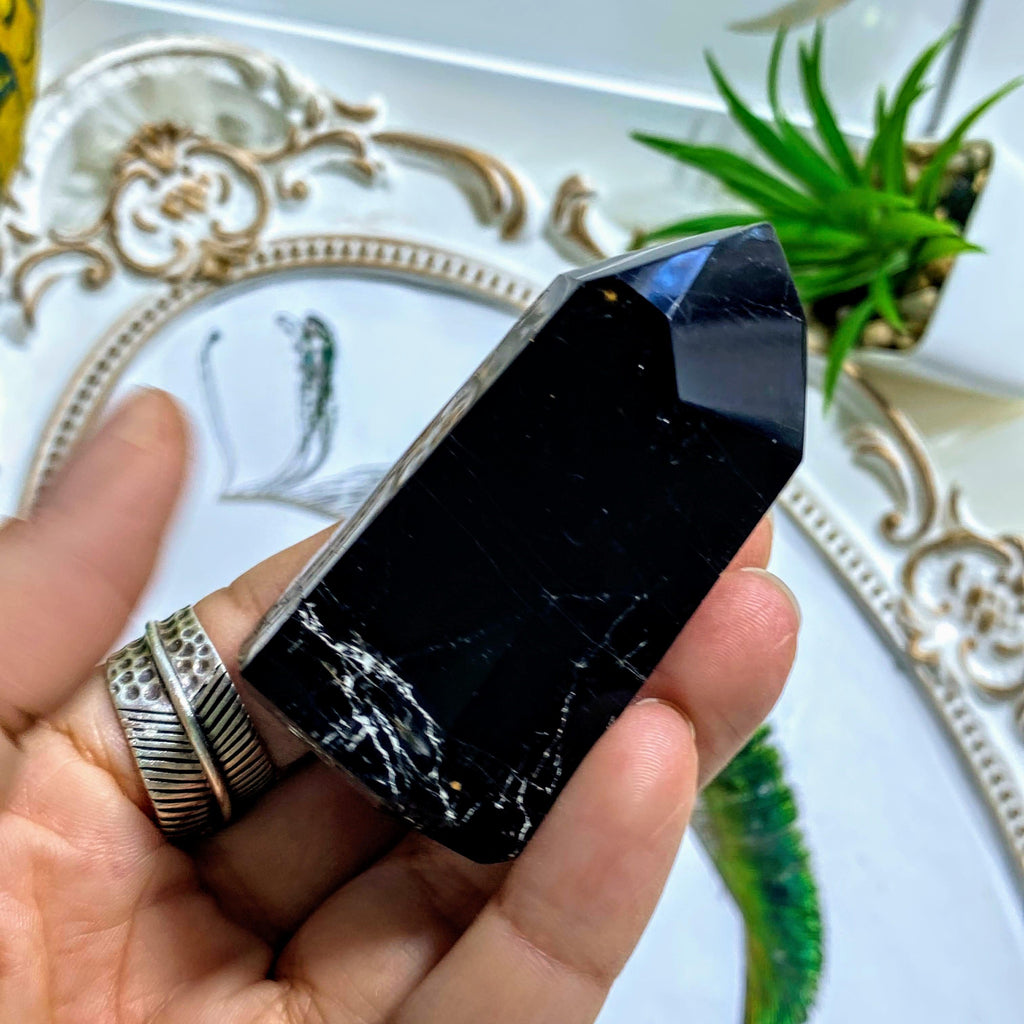 Obsidian Partially Polished Tower With Tourmaline & Hematite Inclusions ~Locality: Brazil - Earth Family Crystals