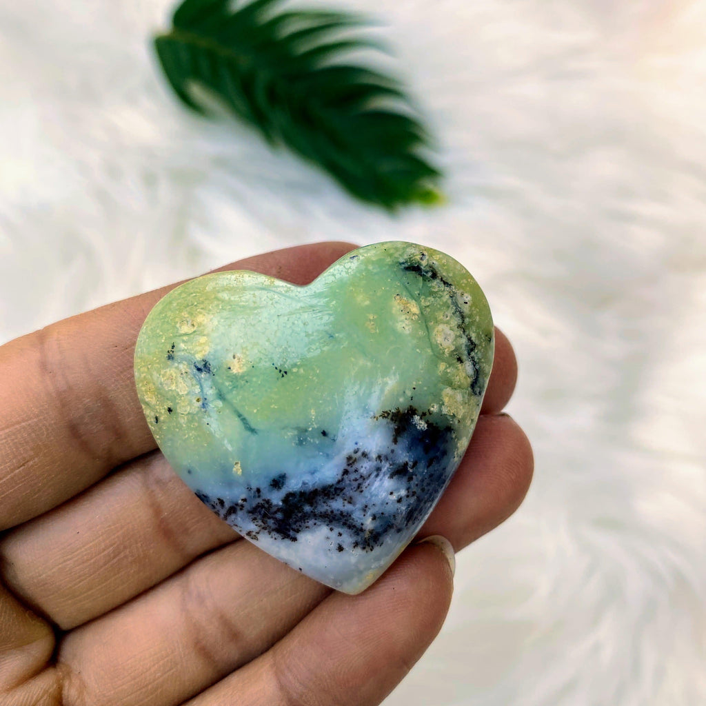 Sweet Spring Green Chrysoprase Heart with Dendrite Inclusions ~Perfect for Body Layouts! - Earth Family Crystals