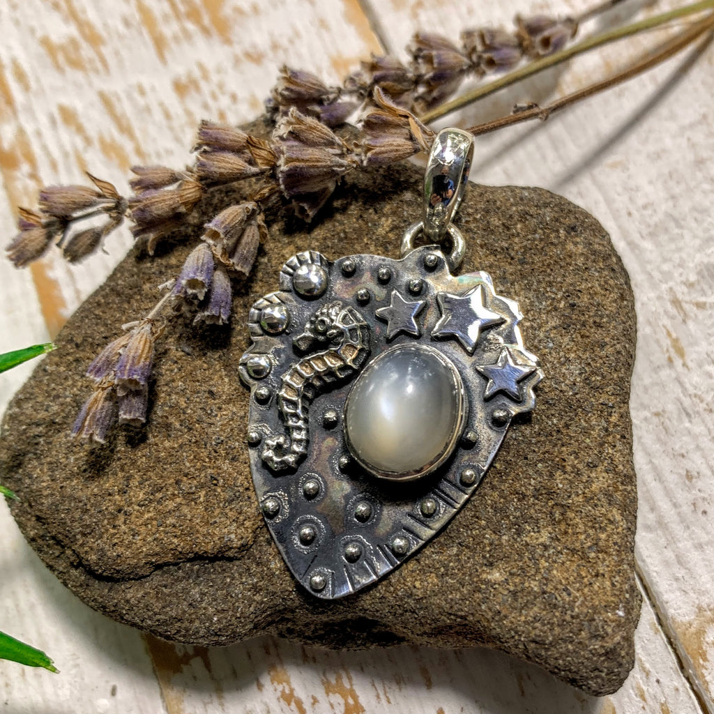 Pearl Moonstone Seahorse & Stars  Gemstone Pendant in Sterling Silver (Includes Silver Chain) - Earth Family Crystals