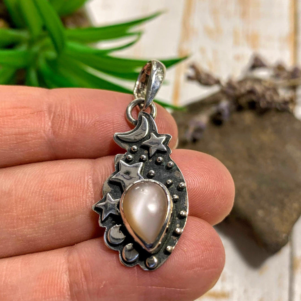 Peach Moonstone Moon & Stars Gemstone Pendant in Oxidized Sterling Silver (Includes Silver Chain) #2 - Earth Family Crystals