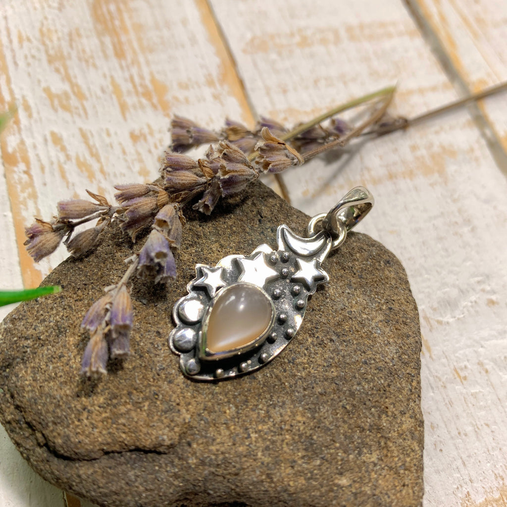 Peach Moonstone Moon & Stars Gemstone Pendant in Oxidized Sterling Silver (Includes Silver Chain) #2 - Earth Family Crystals