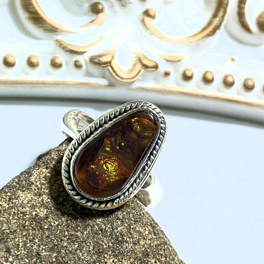 Mysterious Flash! Mexican Fire Agate Ring in Sterling Silver (Size 6) - Earth Family Crystals