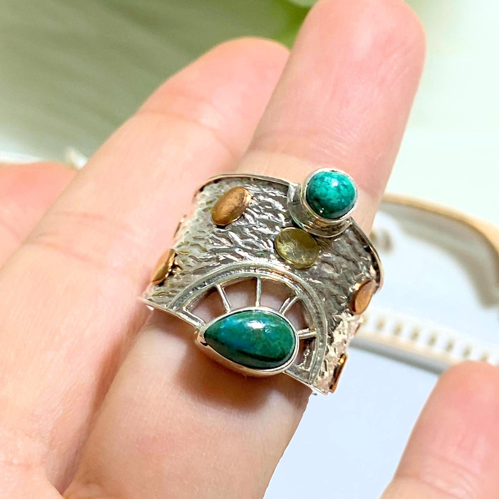 Beautiful Chrysocolla Statement Ring in Sterling Silver (Size 9.5) - Earth Family Crystals