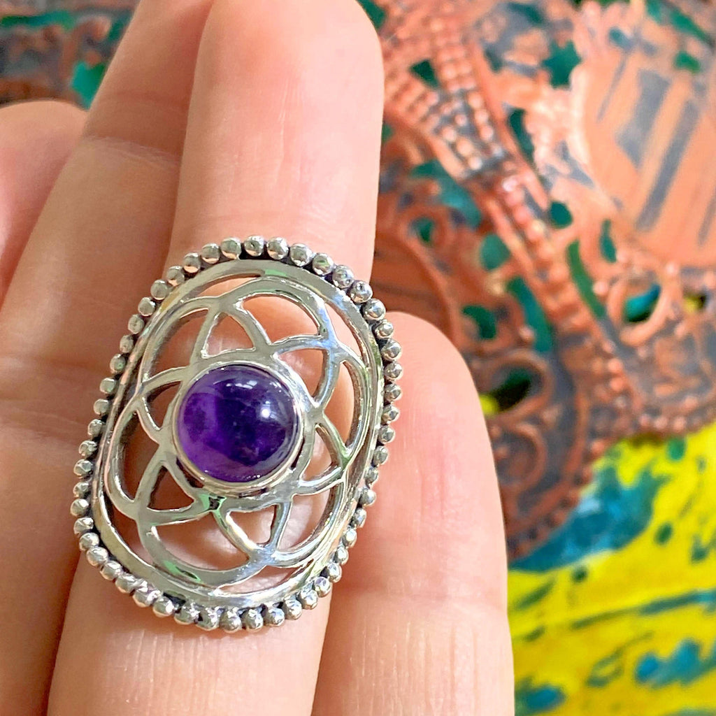 Flower of Life Amethyst Sterling Silver Ring (Size 7) - Earth Family Crystals