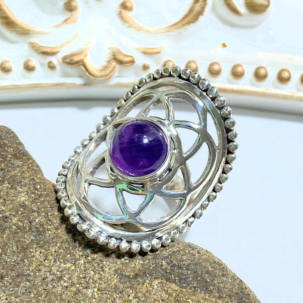 Flower of Life Amethyst Sterling Silver Ring (Size 7) - Earth Family Crystals