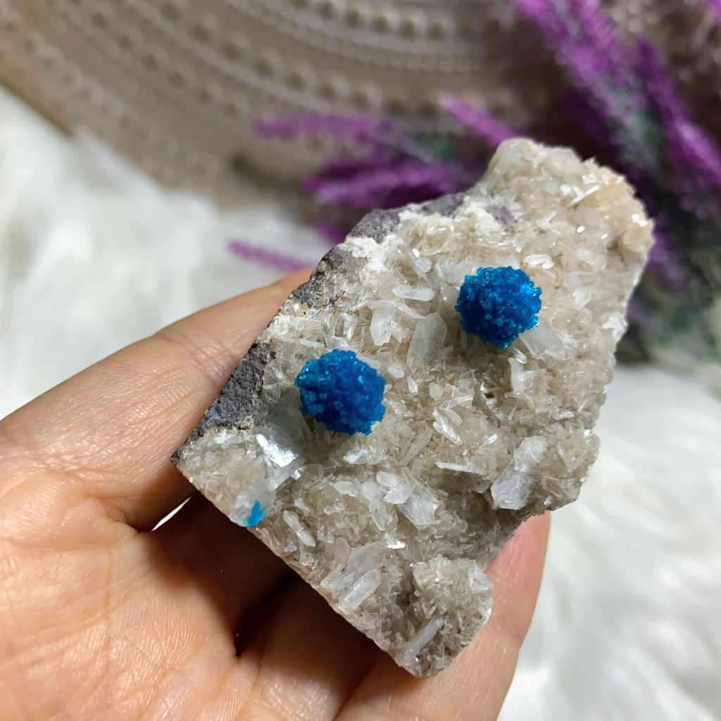 Incredible Blue Natural Cavansite Crystals On Sparkly Stilbite Matrix From India - Earth Family Crystals