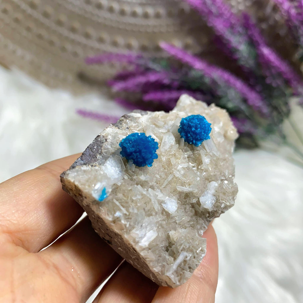 Incredible Blue Natural Cavansite Crystals On Sparkly Stilbite Matrix From India - Earth Family Crystals