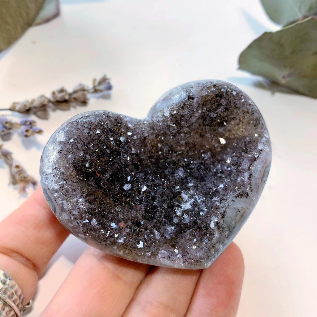 Pretty Sparkle Black Druzy Amethyst Geode Heart~ Locality Uruguay - Earth Family Crystals