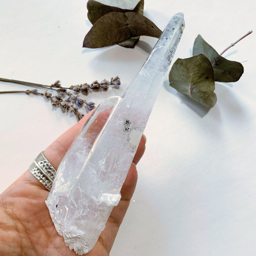 Mongolian Laser Wand Quartz Twin Double Point With Elestial Snow Capped End (White Calcite Inclusions) - Earth Family Crystals