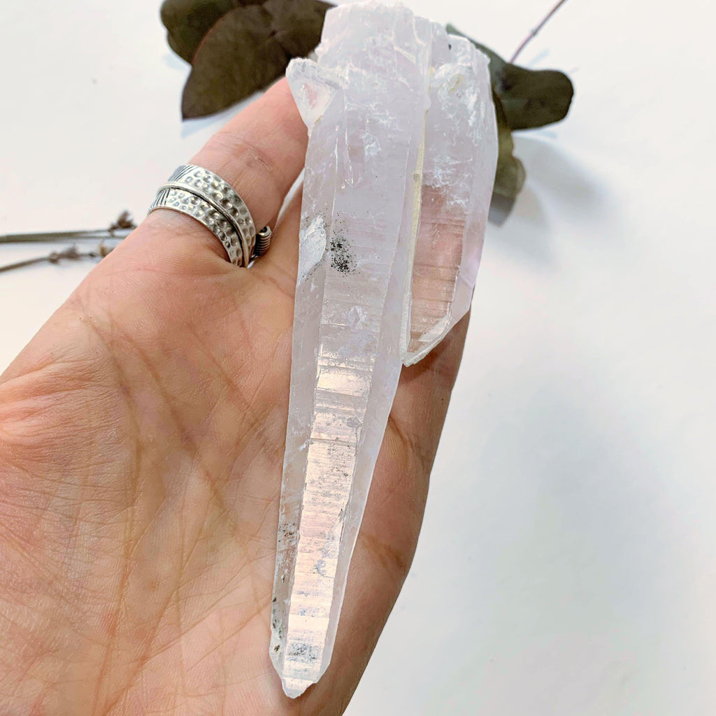 Mongolian Laser Wand Quartz Twin Double Point With Elestial Snow Capped End (White Calcite Inclusions) - Earth Family Crystals