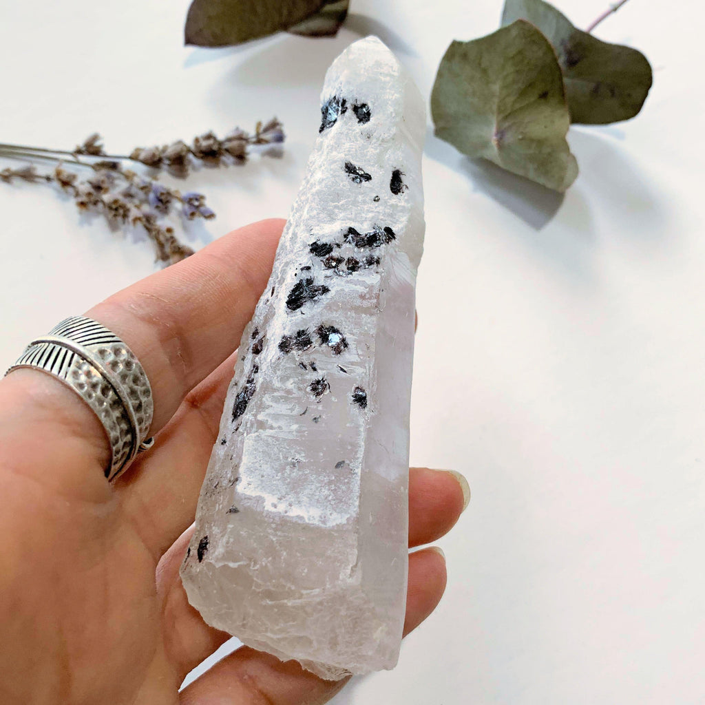 Mongolian Laser Wand Quartz Point With Elestial End & White Calcite/Specular Hematite Inclusions) - Earth Family Crystals