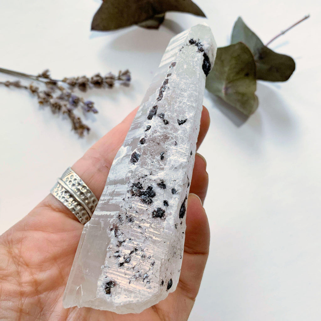 Mongolian Laser Wand Quartz Point With Elestial End & White Calcite/Specular Hematite Inclusions) - Earth Family Crystals