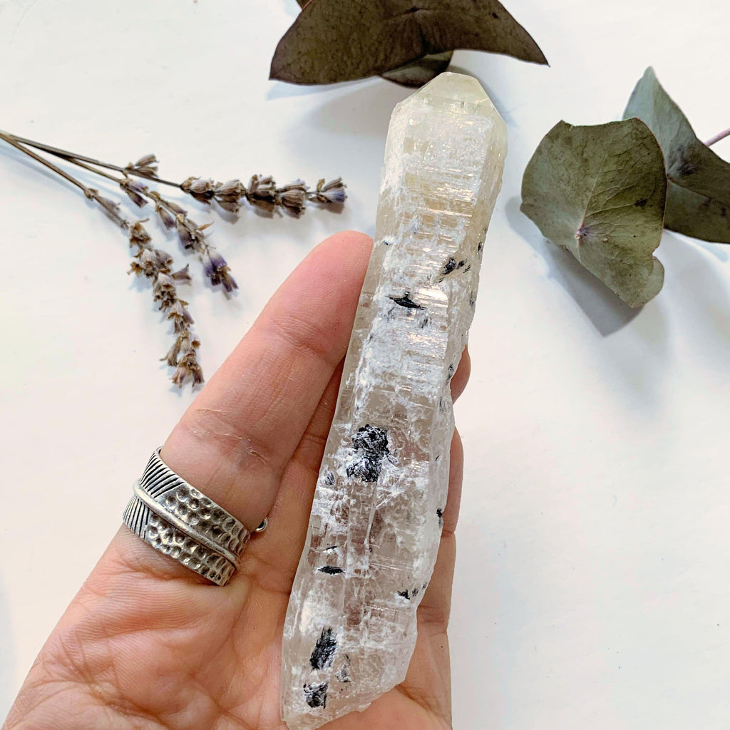 Mongolian Laser Wand Quartz Point With Elestial/White Calcite/Specular Hematite Inclusions - Earth Family Crystals
