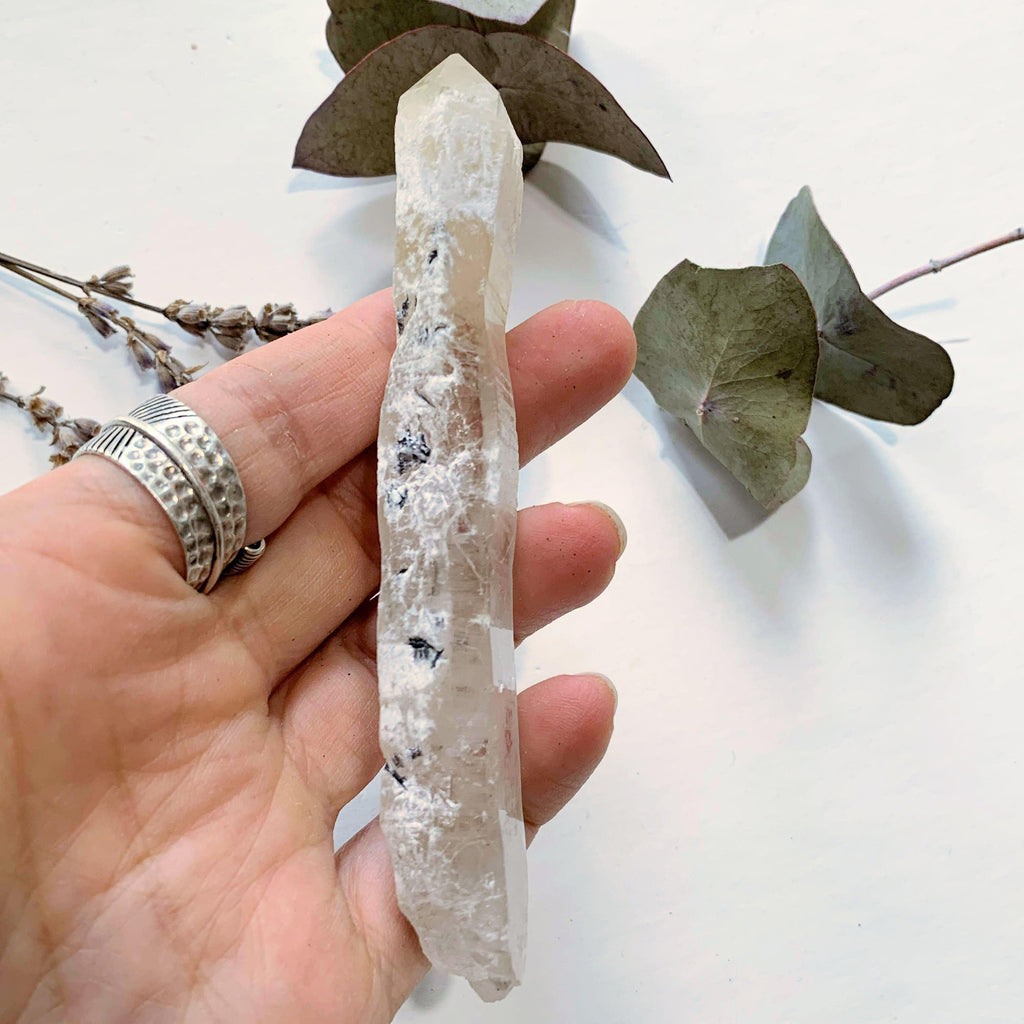 Mongolian Laser Wand Quartz Point With Elestial/White Calcite/Specular Hematite Inclusions - Earth Family Crystals