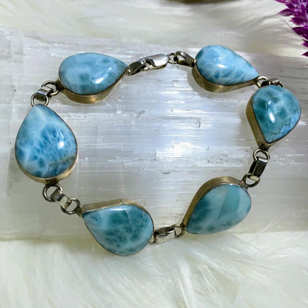 High Grade Genuine Blue Larimar Sterling Silver Large Size Statement Bracelet - Earth Family Crystals